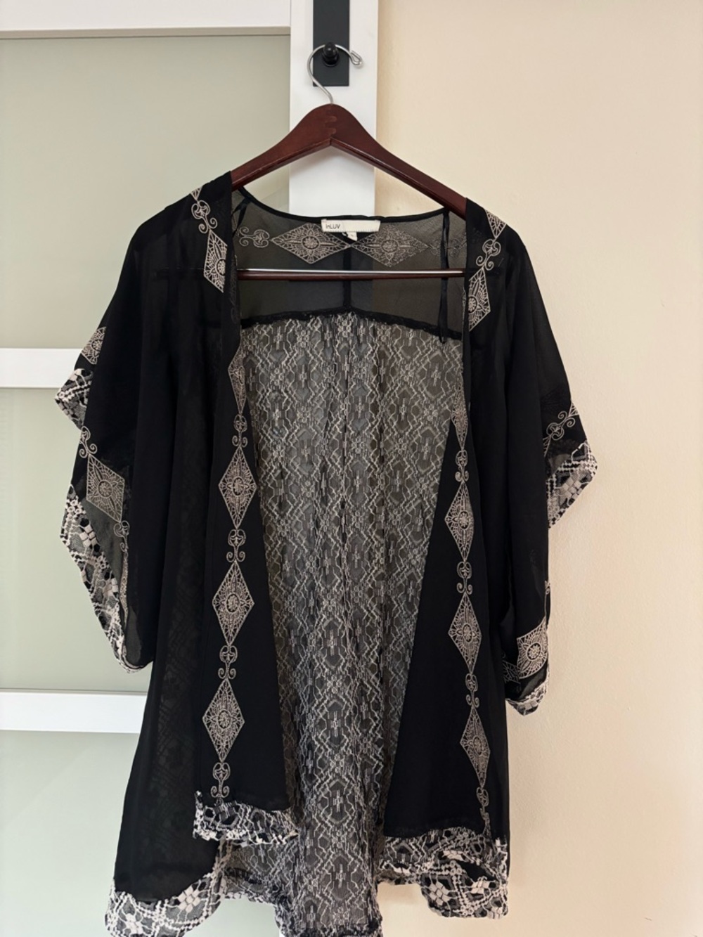 Black Lace-Trim Sheer Kimono